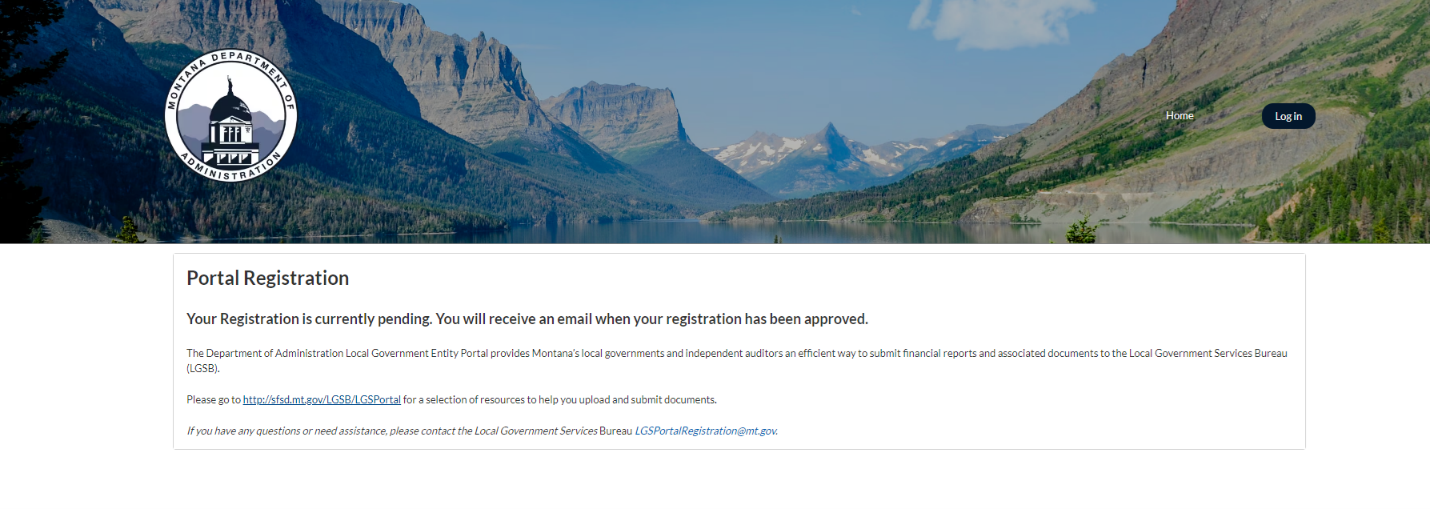 screenshot of the portal registration screen, showing a confirmation message that a user's registration is pending